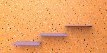 Three empty blue shelves with metal slats hang on the colored wall. Minimal concept. 3D...