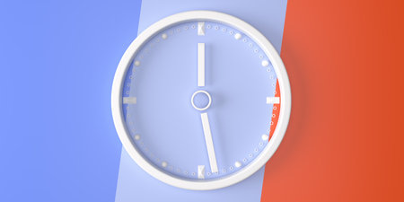 Round wall clock in a minimalist style on a multicolored background of stripes. 3D visualization.