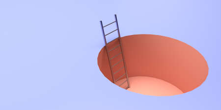 Stairs in a pit on a blue background. Illustration on the theme of the crisis. 3d rendering.の写真素材