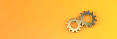 Abstract orange background with two golden gears. Minimalistic concept. 3D visualization.の写真素材