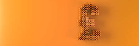 The symbol of the British currency made of small cylinders on an orange background. 3D...