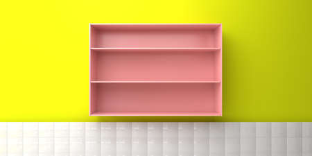 An empty kitchen cabinet hangs on a yellow wall with white tiles. Minimal concept. 3D visualization.の写真素材