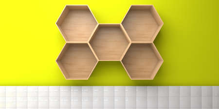 An empty kitchen cabinet made of hexagonal wooden modules hangs on a yellow wall with white tiles. 3D visualization.の写真素材
