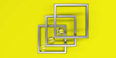 Abstract scene of metal frames and glass spheres on a yellow background. 3d rendering.