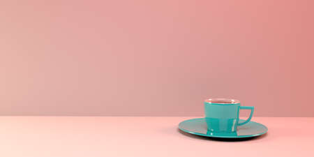 Coffee cup with saucer on a pink background. Minimalistic and loving concept, 3d rendering.