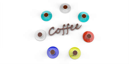 Seven colored coffee cups on a white background and the inscription coffee. Minimalistic concept. 3d rendering.の写真素材