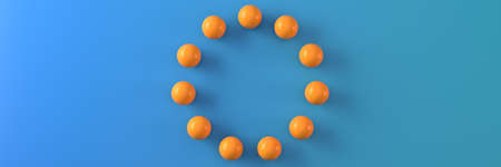 Abstract with orange balls arranged in a circle on a blue background. Geometric structure. 3D...