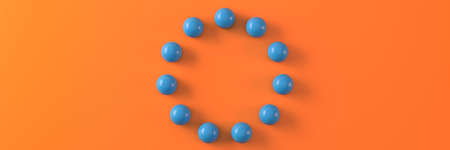 Abstract with blue balls arranged in a circle on an orange background. Geometric structure. 3D...