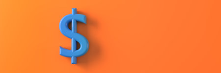 The symbol of the American currency is blue on an orange background. 3D visualization.の写真素材