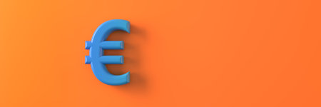 The symbol of the European currency is blue on an orange background. 3D visualization.の写真素材