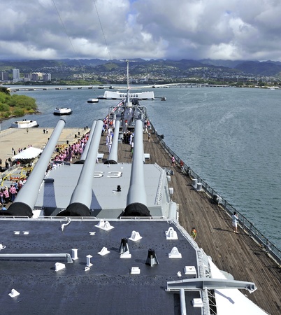 Pearl Harbor, Hawaii - December 7, 2011: View of Pearl Harbor and USS Arizona from the top deck of the USS Missouri during the commemorating of the 70th Anniversary of the Pearl Harbor attack,のeditorial素材
