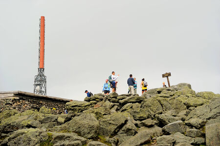 Bretton Woods, USA - July 21, 2013  Hikers enjoy the views at the Mount Washington summit のeditorial素材