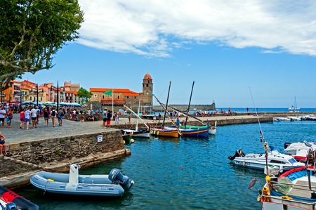 Collioure, France -August 3, 2014:  Boats are docked in Maina of Collioure, picturesque  CÃ´te Vermeille resortのeditorial素材