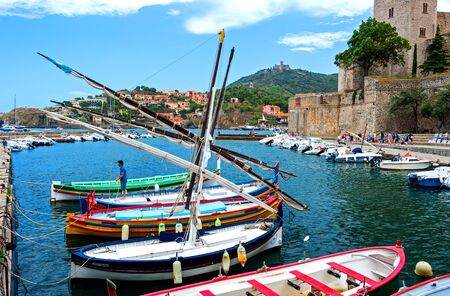 Collioure, France -August 3, 2014:  Boats are docked in Maina of Collioure, picturesque  CÃ´te Vermeille resortのeditorial素材