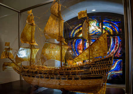 Kaliningrad, Russia - July 21, 2019: Sailing boat, made from amber, amazing art work in the  Amber museum.のeditorial素材