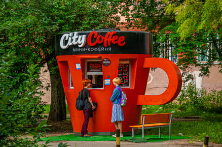 Kaliningrad, Russia - July 21, 2019: Modern design of a coffee shop in Kaliningrad, the most western city of Russia.のeditorial素材