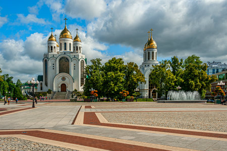 Kaliningrad, Russia - July 21, 2019: View of the Victory Square and Cathedral of Christ the Saviour  in Kaliningrad, the most western city of Russia.のeditorial素材