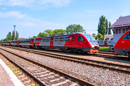 Zelenogradsk, Russia - July 29, 2019: View of the train station and commuter trains that run between main regional city of Kaliningrad and spa towns on Baltic coastのeditorial素材