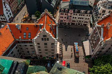 Looking over the Riga  old town with its medieval buildings and Daugava Riverの写真素材
