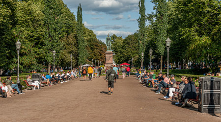 Helsinki, Finland - September 2, 2019: Esplanadi, is an esplanade and urban park in downtown Helsinki, Finland, with a lot of cafes, restaurants and market places.のeditorial素材