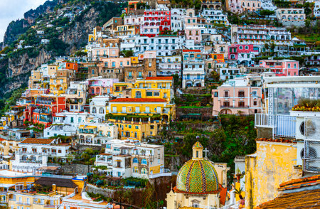 View of Positano, the most famous and iconic village on the Amalfi Coast, the spectacular strip of coastline with the turquoise waters of the Mediterranean Sea.の写真素材