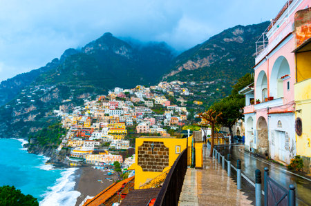 View of Positano, the most famous and iconic village on the Amalfi Coast, the spectacular strip of coastline with the turquoise waters of the Mediterranean Sea.の写真素材