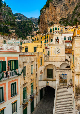 Atrani, Italy - January 19, 2017: a small coastal town, just a short drive away from Amalfi, with pretty multi-colored houses nestled on steep cliffs, is one of the most picturesque and idyllic townsのeditorial素材