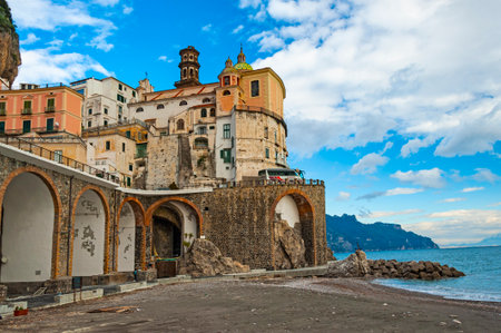 Atrani, Italy - January 19, 2017: a small coastal town, just a short drive away from Amalfi, with pretty multi-colored houses nestled on steep cliffs, is one of the most picturesque and idyllic townsのeditorial素材