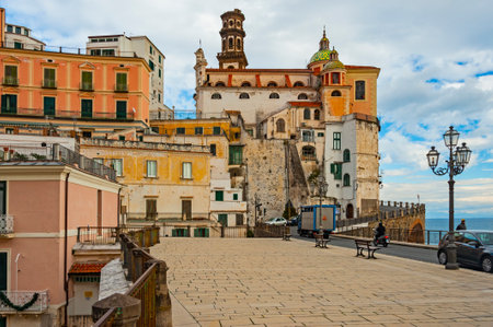 Atrani, Italy - January 19, 2017: a small coastal town, just a short drive away from Amalfi, with pretty multi-colored houses nestled on steep cliffs, is one of the most picturesque and idyllic townsのeditorial素材