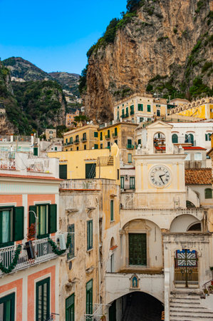 Atrani, Italy - January 19, 2017: a small coastal town, just a short drive away from Amalfi, with pretty multi-colored houses nestled on steep cliffs, is one of the most picturesque and idyllic townsのeditorial素材