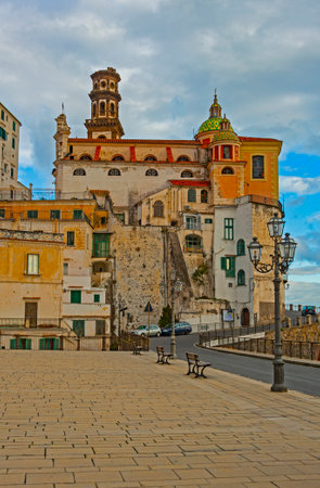 Atrani, Italy - January 19, 2017: a small coastal town, just a short drive away from Amalfi, with pretty multi-colored houses nestled on steep cliffs, is one of the most picturesque and idyllic townsのeditorial素材