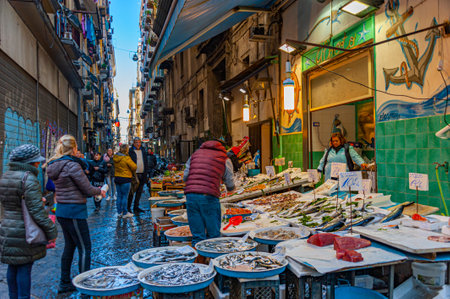 Naples, Italy - January 21, 2017: Fresh caught fish offered for sale in the small fish marketのeditorial素材