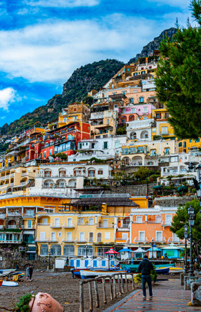 View of the most famous and iconic village on the Amalfi Coast, the spectacular strip of coastline with the turquoise waters of the Mediterranean Sea.のeditorial素材