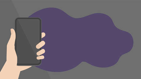 Human hand holding a black smartphone on the Gray background. Empty dark color display mockup vector illustration. Template for using 
 Mobile phone,  having trouble with a smartphone image.のイラスト素材