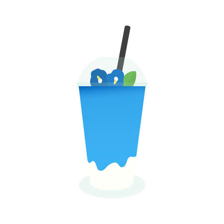 Iced Butterfly Pea Flower Tea Latte. Beautiful blue drink with flower decoration in Plastic cup on the White Background.のイラスト素材