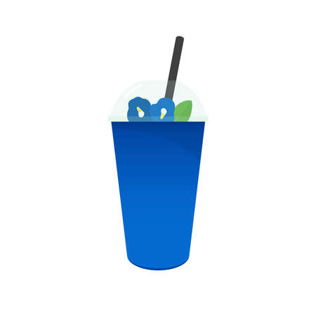 Iced Butterfly Pea Flower Tea. Beautiful blue drink with flower decoration in Plastic to-go cup on the White Background.のイラスト素材