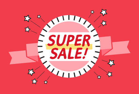 Sales promotion Pop with stars and ribbon on a red background. Text: SUPER SALE!のイラスト素材