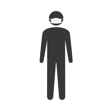 Standing human wearing Surgical Face Mask. Stylish Male Pictogram on white background. Infection control concept.のイラスト素材