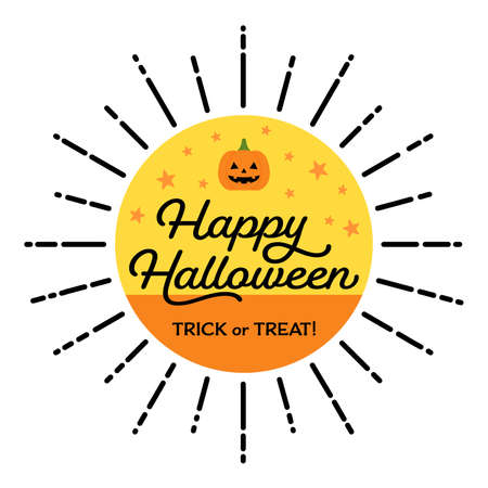 Happy Halloween Calligraphy Text with jack-o-lantern pumpkin and Sunburst or Glowing frame on White Background.のイラスト素材