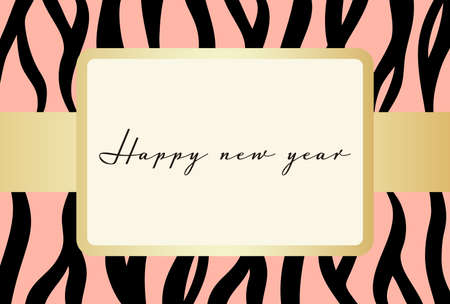 Black and Pink Animal Print, Tiger texture design illustration with golden blank frame and gold ribbon on a white background. Text "Happy new year".Postcard size.のイラスト素材