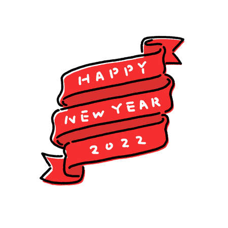 Happy New Year 2022 in English. Hand drawn new year's greeting phrase with line drawing red ribbon banner isolated on White Background. Cute vector illustration element.のイラスト素材