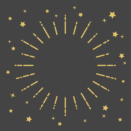 Empty sunburst frame with stars on a black background. Gold marker lines.のイラスト素材