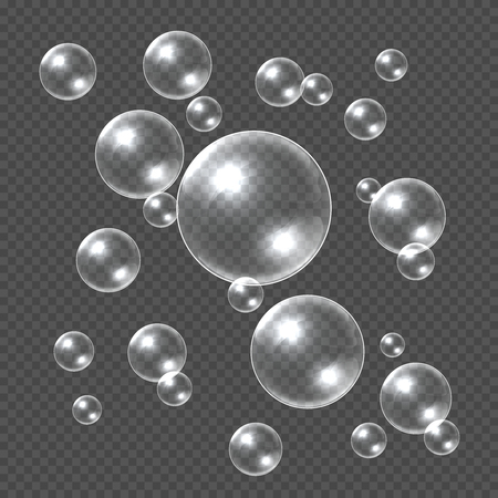 Realistic soap bubbles. White 3D soap sphere, clear shampoo bubble. Water ball with reflections vector transparent templateのイラスト素材