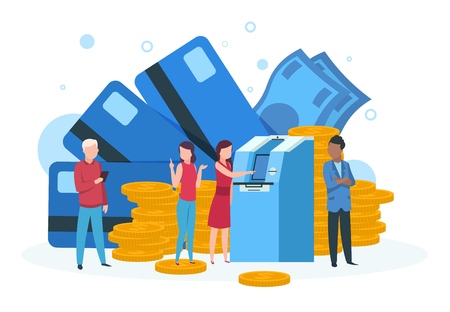 Atm business concept. Customers with credit card withdrawal money standing in line at bank atm landing vector pageのイラスト素材