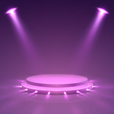 Stage podium. Ceremony presentation pedestal with spotlights. Spots award, victory championship podium vector conceptのイラスト素材