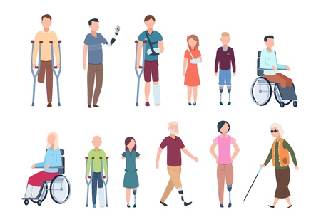 Disabled persons. Diverse injured people in wheelchair, elderly, adult and children patients. Handicapped characters vector setのイラスト素材