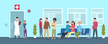 Hospital queue. Clinic reception waiting room medical office nurse receptionist doctor adult patient. Healthcare vector illustrationのイラスト素材