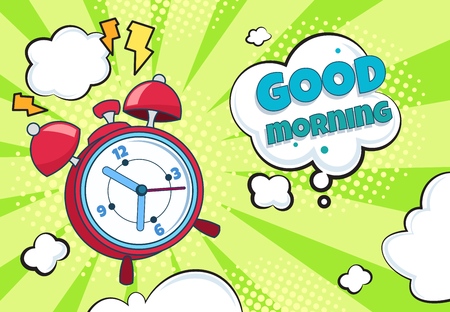 Pop art alarm clock. Cartoon retro time background wake up countdown surprise watch funny timer. Halftone cartoon vector comics clockのイラスト素材
