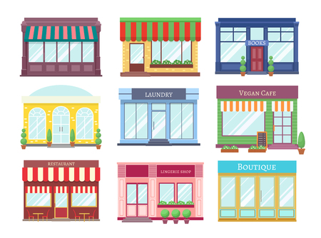 Store flat buildings. Cartoon shop facade with showcase boutique retail building storefront restaurant houses. Shopping vector setのイラスト素材