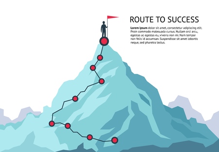 Mountain journey path. Route challenge infographic career top goal growth plan journey to success. Business climbing vector conceptのイラスト素材